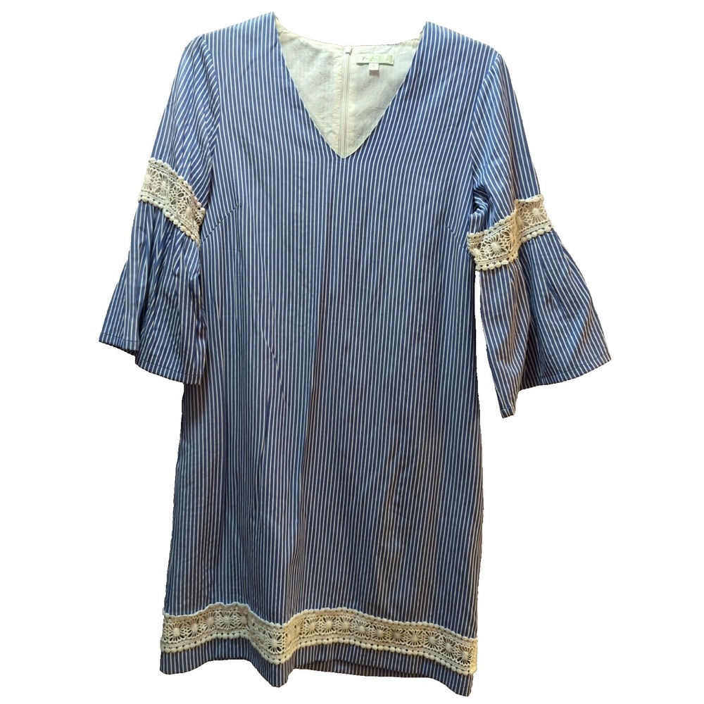 Jade Melody Tam Shift‎ Dress M blue white striped crocheted accents Bell Sleeve